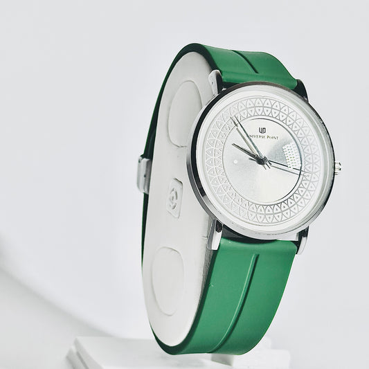 | Universe Point | Silver Dial Watch with Emerald Green Strap – Minimal Elegance Redefined