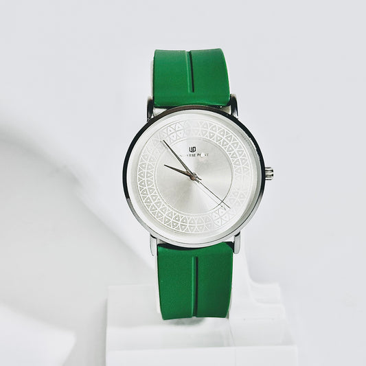 | Universe Point | Silver Dial Watch with Emerald Green Strap – Minimal Elegance Redefined