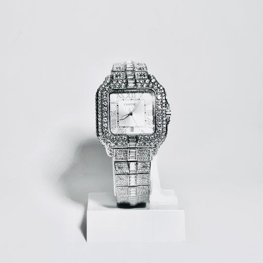 Cartier™ Diamond-Encrusted Luxury Timepiece – Silver Royale Edition
