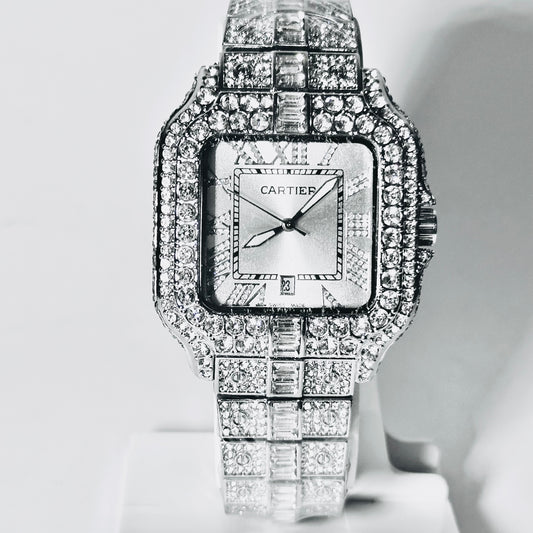 Cartier™ Diamond-Encrusted Luxury Timepiece – Silver Royale Edition