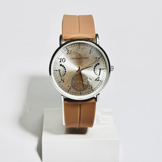 | Universe Point | Silver Dial Watch with Camel Brown Strap – Minimal Elegance Redefined